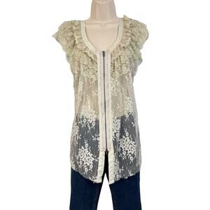 Free People Romantic Pale Gray Lace Ruffle Top Zip Front Sleeveless Scoop Neck